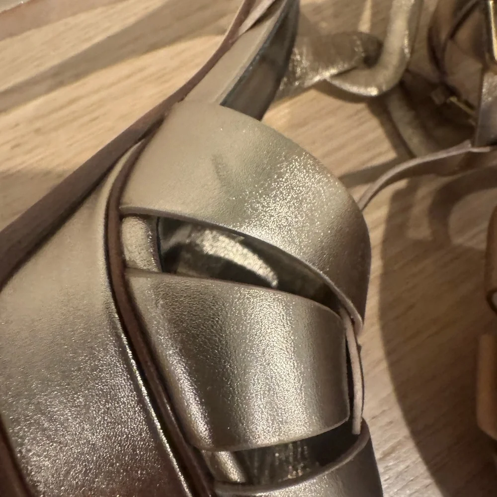 Saint Laurent Metallic Bronze Braided T-Strap Platform Sandals - Picture 7 of 16